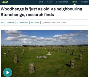 Screenshot of ITV News webpage featuring a photograph of Woodhenge, indicated by concrete posts with a cairn of flints at the centre