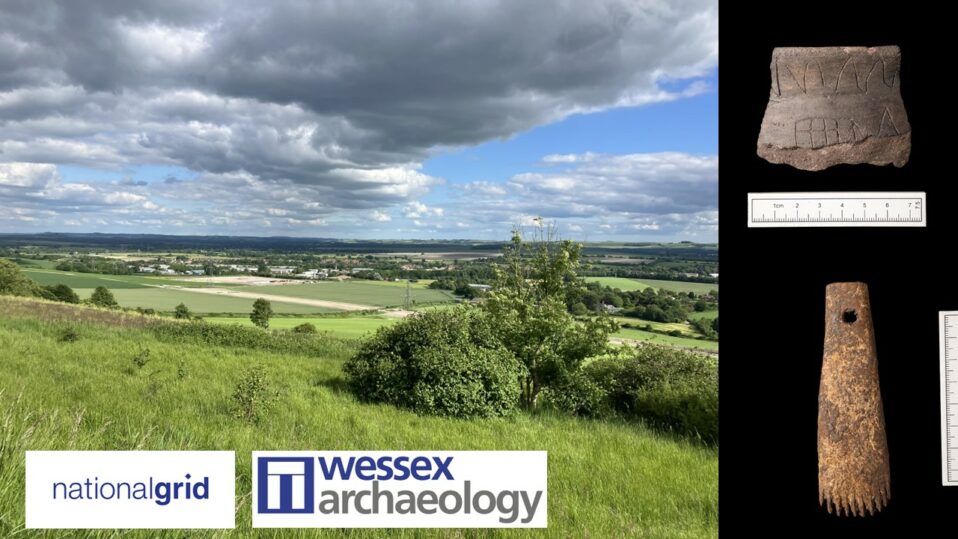 View of the North Wessex Downs with two archaeological finds and logos of National Grid and Wessex Archaeology
