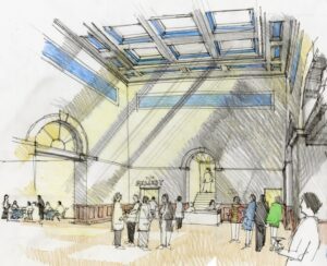 Artist impression of the entrance hall of the Assize Court. In the centre is the welcome desk and to the left are people seated in the cafe. Ahead is the entrance to the Special Exhibition Gallery. Light comes from the overhead roof lights.